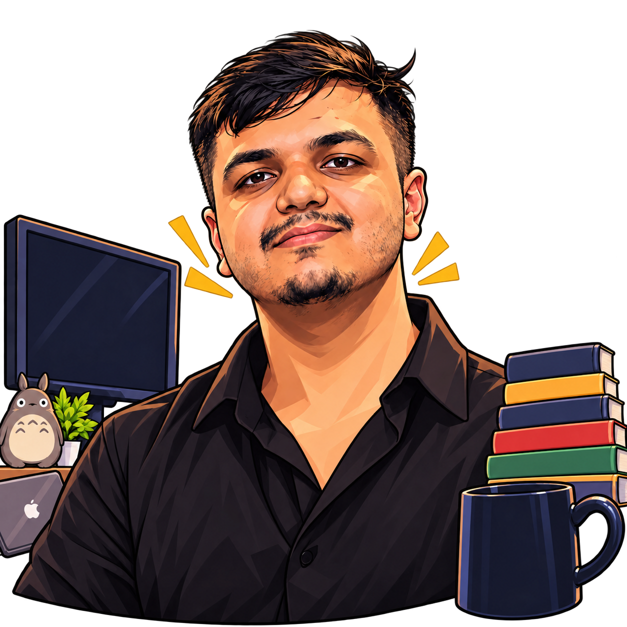 Illustrated portrait of Romil Lodaya with books, a laptop, and a coffee mug